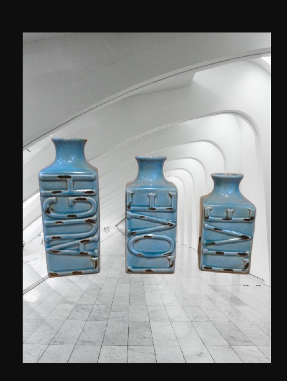 Blue Ceramic "Live, Laugh, Love" Decorative Vases - Set of 3